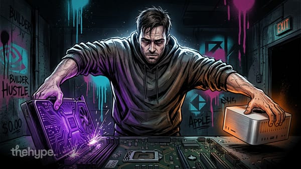 Hooded builder holds a glowing RTX 5090 GPU and a Mac Studio over a motherboard, graffiti reads "Builder Hustle" and "Apple"