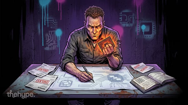 Illustration of a man holding a glowing chip over circuit blueprints, surrounded by delayed and rejected papers