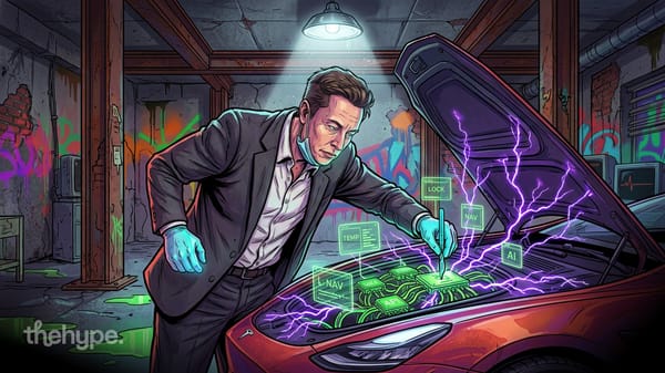 Illustrated man in suit probing glowing API and NAV circuits under a car hood with purple lightning in a garage