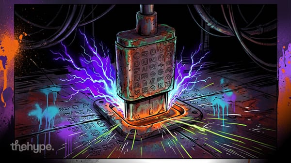 Rusty industrial connector engraved with AI, API, MCP, and GPT icons, emitting electric sparks in a dark industrial setting