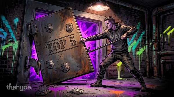 Man in MAI hoodie prying open a "TOP 5" vault door with a crowbar in a graffiti-lit room — Microsoft breaking into text-to-image top 5