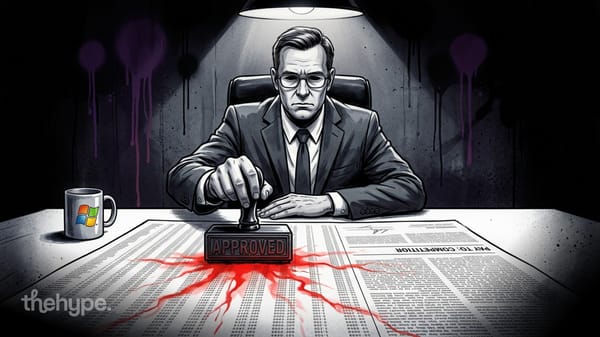 Executive in suit stamps "Approved" on a contract marked "Pay To: Competitor," red ink bleeding — Microsoft's $233M Claude bill.