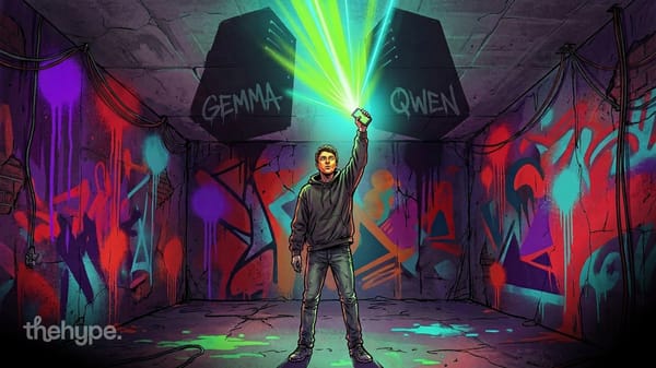 Hooded figure holds up a glowing phone between two graffitied speakers labeled Gemma and Qwen in a neon-lit basement room.