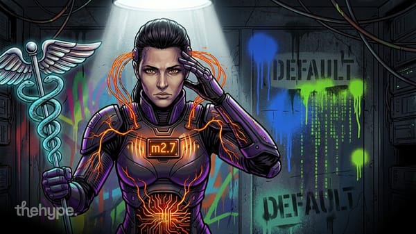 Armored woman with caduceus and "m2.7" chestplate before a graffitied "DEFAULT" wall — MiniMax m2.7 powers Hermes Agent.