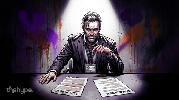 Suited Mythos-badge man over "LEAK REPORT" and "CAMPAIGN BRIEF" papers under a spotlight — leak as marketing play.