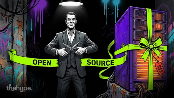 Suited man cuts a green Open Source ribbon wrapped around a glowing server rack tagged with a dollar price under spotlight.