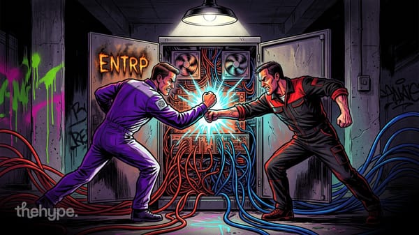 Two men in purple and red overalls clash fists in front of a tangled, sparking server marked Enterprise in a graffitied hall.