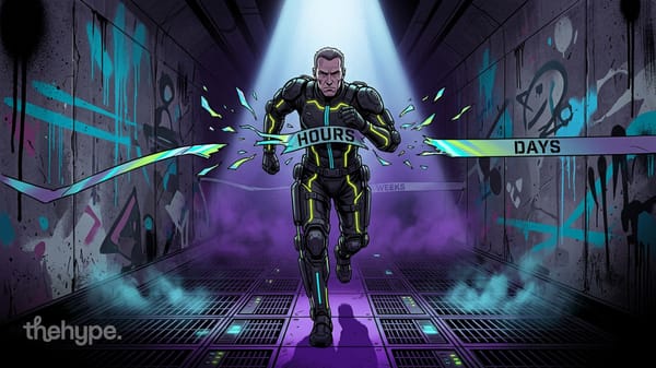 Armored runner sprints past "HOURS" tape toward "DAYS" and "WEEKS" lines in a graffitied corridor — AI reasoning grows.