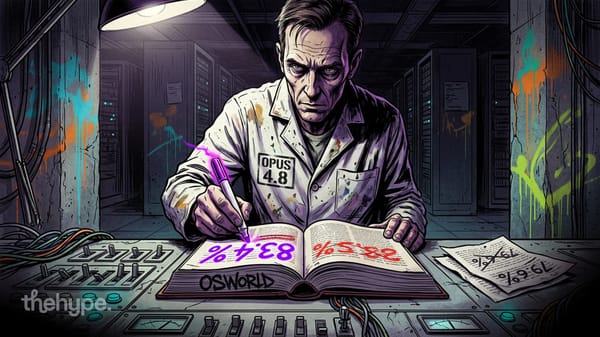 Illustration of a man in a lab coat labeled Opus 4.8 writing benchmark scores in a book marked OSWorld in a server room