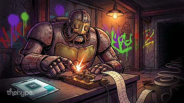 Steampunk robot operating a telegraph machine next to M3 chips in a graffiti-covered workshop