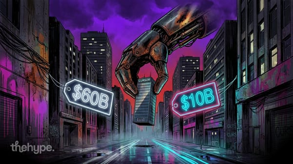 Giant robotic hand lowers Cursor tower into a neon city between $60B and $10B price tags — SpaceX's staged Cursor buyout.