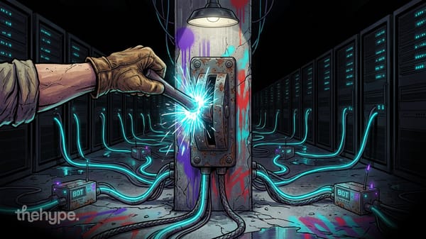 Gloved hand flips a sparking switch on a server room pillar, glowing cables connect small BOT devices across the floor