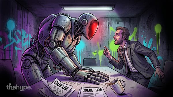 Armored robot leans over a desk toward a man in a suit, papers labeled QUEUE and QUEUE_1138 scattered between them