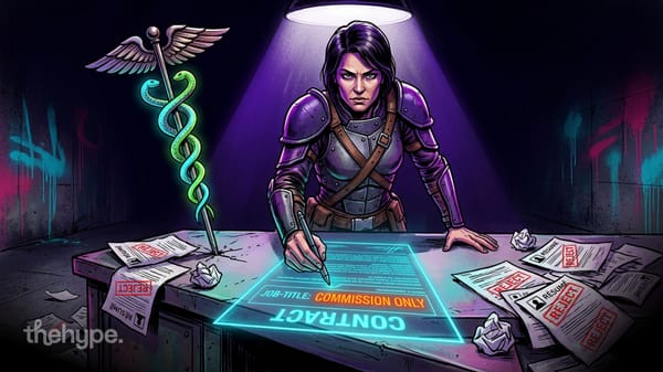 Armored woman signs a glowing Commission Only contract on a desk piled with rejected resumes beside a Hermes caduceus staff.