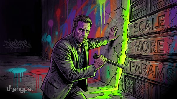 Suited man drives a chisel into a cracked stone wall carved with Scale, More, Params as green light bursts through behind.