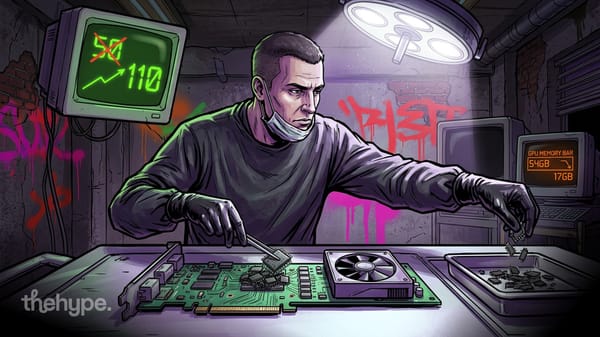 Masked technician works on a GPU circuit board; monitor shows 50 crossed out replaced by 110, second screen reads GPU memory bar 54GB to 17GB