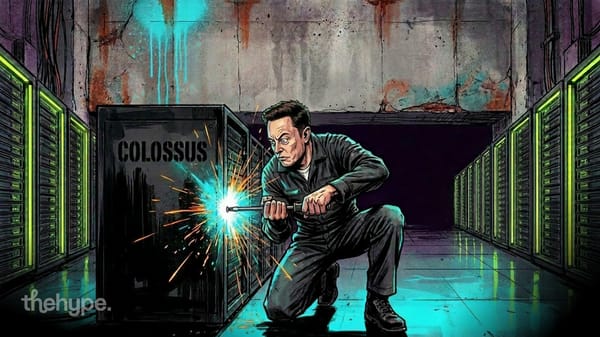 Man in coveralls welds a server rack labeled Colossus between rows of glowing green data center cabinets in a graffitied hall.