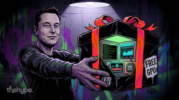 Elon Musk in xAI shirt hands over a gift box marked "FREE GPUs" with hiring and infra labels — xAI's GPU deal with Cursor.