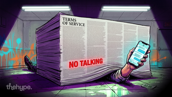 Person pinned under a giant Terms of Service stack labeled No Talking, holding a phone with a chat app and a $0 price tag.