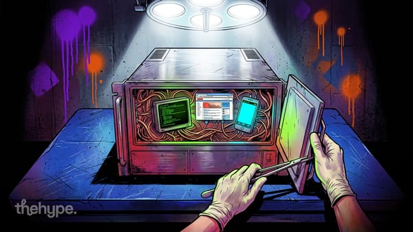 Gloved hands open a metal container under surgical light, revealing tangled wires with terminal, browser, and phone screens