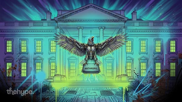 Armored eagle clutching Anthropic chip before the White House in neon illustration of the AI export control dispute