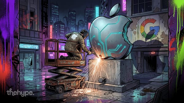 Worker welding circuit-patterned Apple logo on scissor lift in neon cyberpunk city with Google logo on building wall