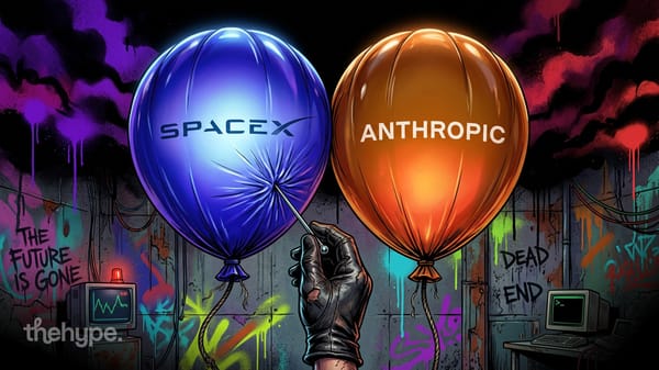 Gloved hand with pin popping SpaceX and Anthropic balloons against graffiti wall with dystopian messages