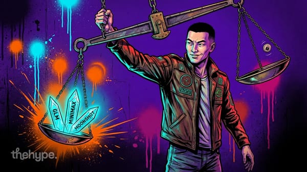 Comic-style man holding a balance scale with glowing crystals labeled GLM, Minimax, and Moonshot against a purple backdrop