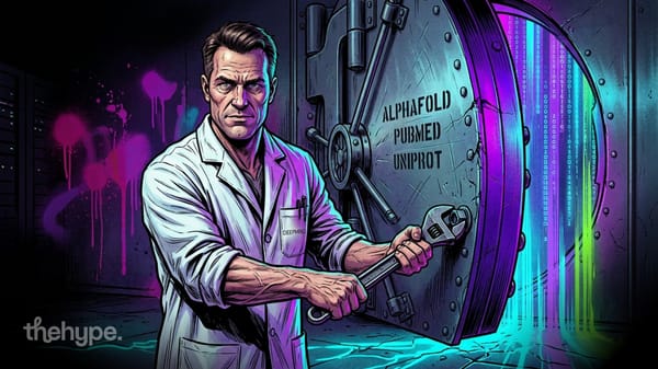 Man in DeepMind lab coat opening a vault labeled AlphaFold, PubMed, UniProt with binary code streaming out in neon light