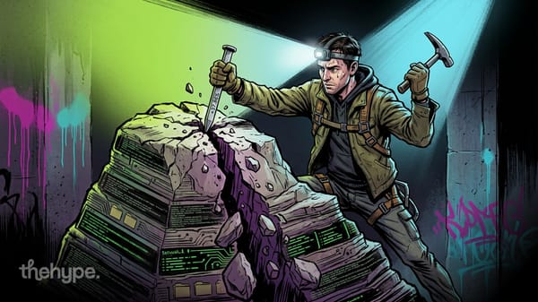 Illustration of developer with headlamp chiseling into code-embedded rock in neon-graffiti room