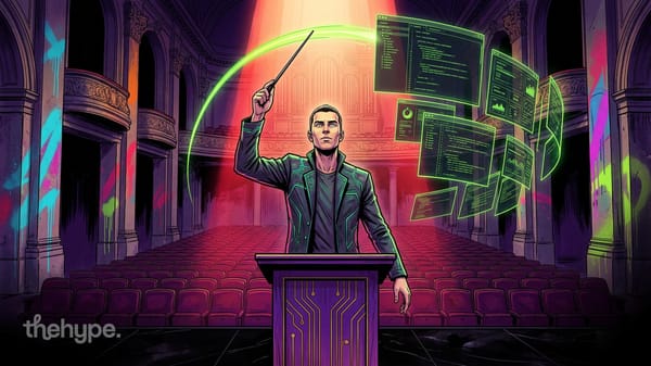 Conductor wielding baton over holographic code screens in an empty grand theater, illustrating AI model orchestration