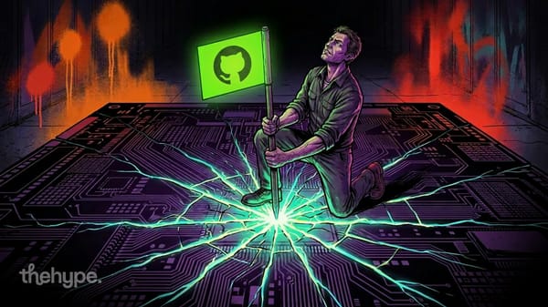 Man kneeling on cracked circuit board planting a GitHub flag with glowing cracks radiating outward, symbolizing AI constraint