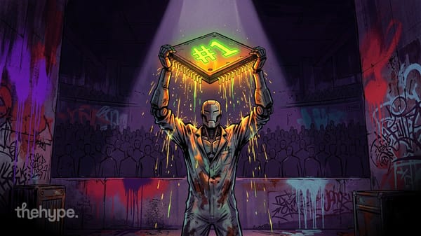 Robot holding glowing #1 chip above its head under spotlight in graffiti-covered arena, representing HiDream's top ranking