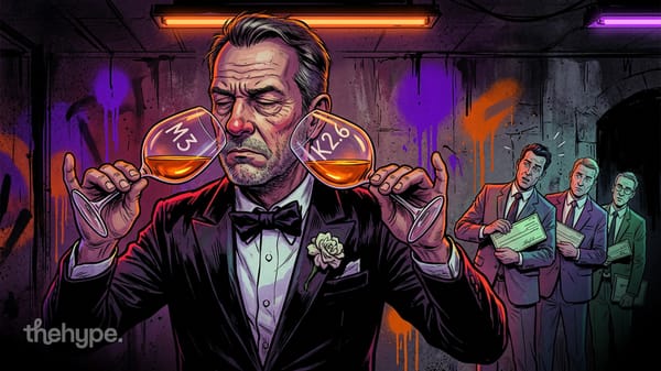 Illustration of a man in a tuxedo sniffing two glasses labeled M3 and K2.6 while suited figures watch in a neon-lit room
