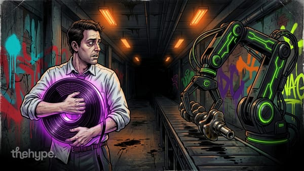 Illustration of a man clutching a glowing purple disc while facing a robotic arm in a graffiti-lined industrial corridor