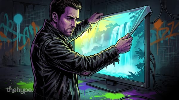 Comic-style man in leather jacket peeling a 4K monitor screen to reveal a tropical waterfall scene behind graffiti walls