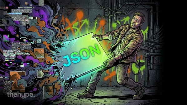 Illustrated man holding a glowing JSON panel as glitchy image fragments swirl around him in an industrial setting