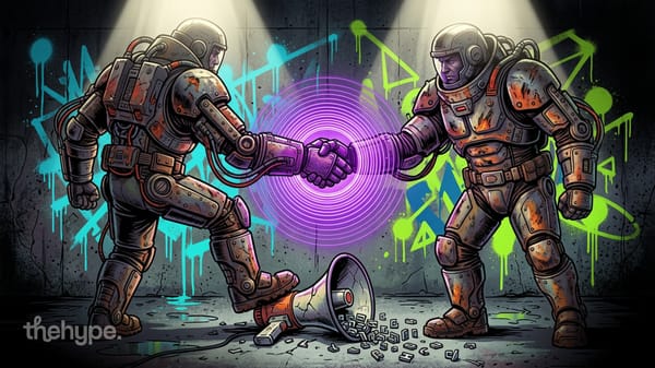 Two mech figures shake hands through a glowing purple portal above a broken megaphone with scattered letters