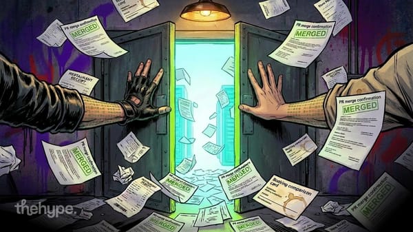 Two hands reach toward a glowing doorway surrounded by floating PR merge confirmations and restaurant receipts