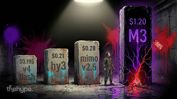 Stone pillars showing AI model prices with towering M3 at $1.20 dwarfing cheaper V4 Flash, Hy3, and Mimo V2.5 models