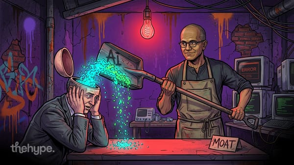 Illustrated figure pouring glowing AI particles into another's open head in a dark workshop with a moat sign on the table