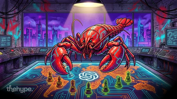 Giant red lobster moving chess pieces labeled R&D, Policy, and Ops on a glowing circuit board map with OpenAI logo
