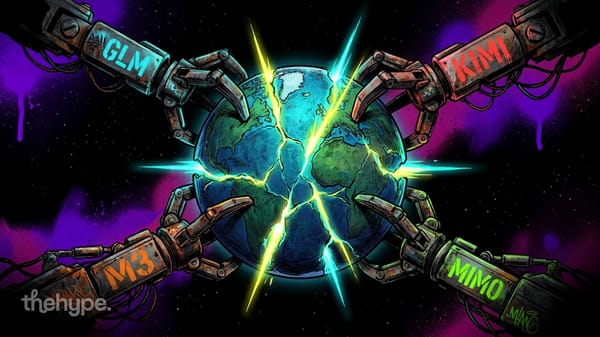Four robotic arms labeled GLM, Kimi, M3, and MiMo clashing over a cracking Earth globe in comic book style