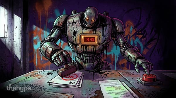 Weathered robot with 13.4% chest display stamps OK on code diff sheets near a red merge button in a graffiti-covered room