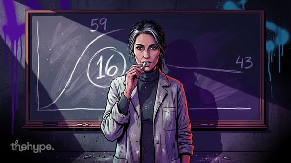 Illustrated scientist at chalkboard with numbers 59, 16, and 43 beside a rising curve, representing HLE benchmark scores