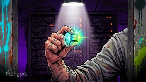 Illustrated tattooed hand holding a glowing QAT chip under a spotlight in a graffiti-covered server room