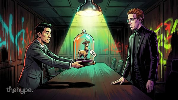Man in gray suit presents llama figurine under glass dome labeled NEW to skeptical exec in dark graffiti-tagged boardroom