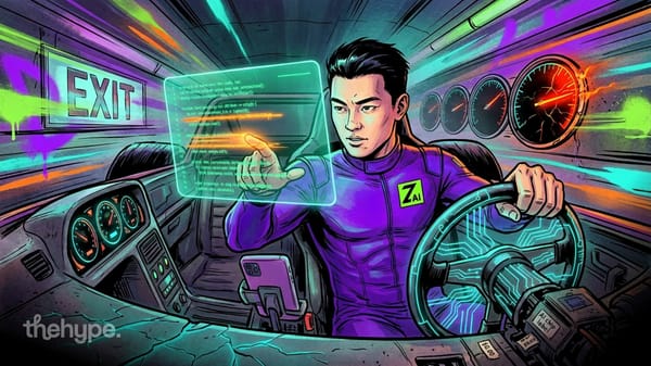 Comic-style driver in Z AI suit interacting with holographic code panel inside a futuristic cockpit with glowing gauges