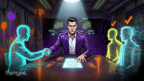 Comic-style man in purple suit shaking hands with glowing holographic figures over a contract at a neon-lit desk