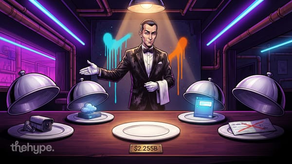 Butler presenting silver platters with tech gadgets and a $2.255B price tag in neon-lit room